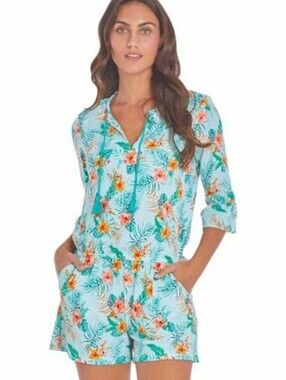Cabana Life Ruffle Sleeve Romper Cayman Floral Tropical UPF 50+ Women's Size XL
